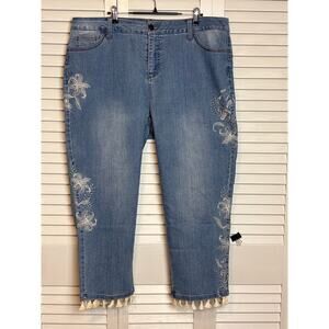Slim-Sation Blue Floral Embroidered Tassel Crop Denim Jeans Women's Size 18